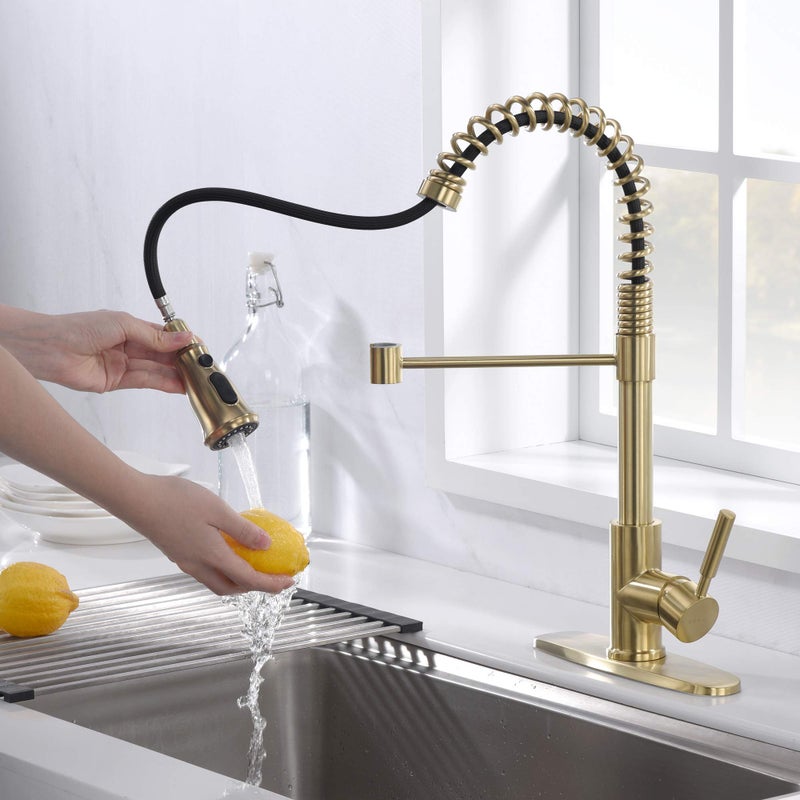 SOKA Kitchen Sink Faucet with Dual Function Solid Single Handle w/Deck Plate Pull Down Sprayer Spring Kitchen Faucet, Brushed Gold (SK5001AR) - Image 3